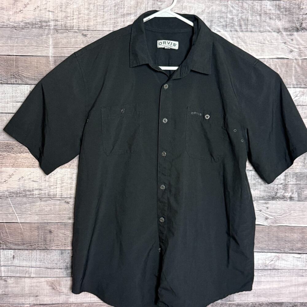 Orvis Hiking Shirt Mens Large Black Button Up Lightweight Grommet Holes Outdoors